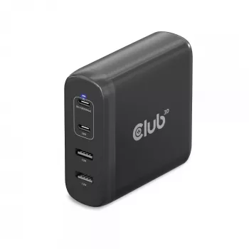 CLUB3D matkalaturi 100W GaN-teknologia, neljä liitäntää USB Type-A (2x) ja -C (2x), Power Delivery (PD) 3.0 -tuki