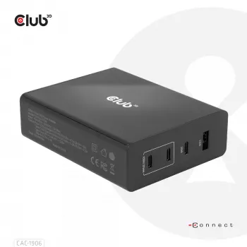 CLUB3D matkalaturi 132W GaN-teknologia, neljä porttia USB Type-A ja -C, Power Delivery (PD) 3.0 -tuki