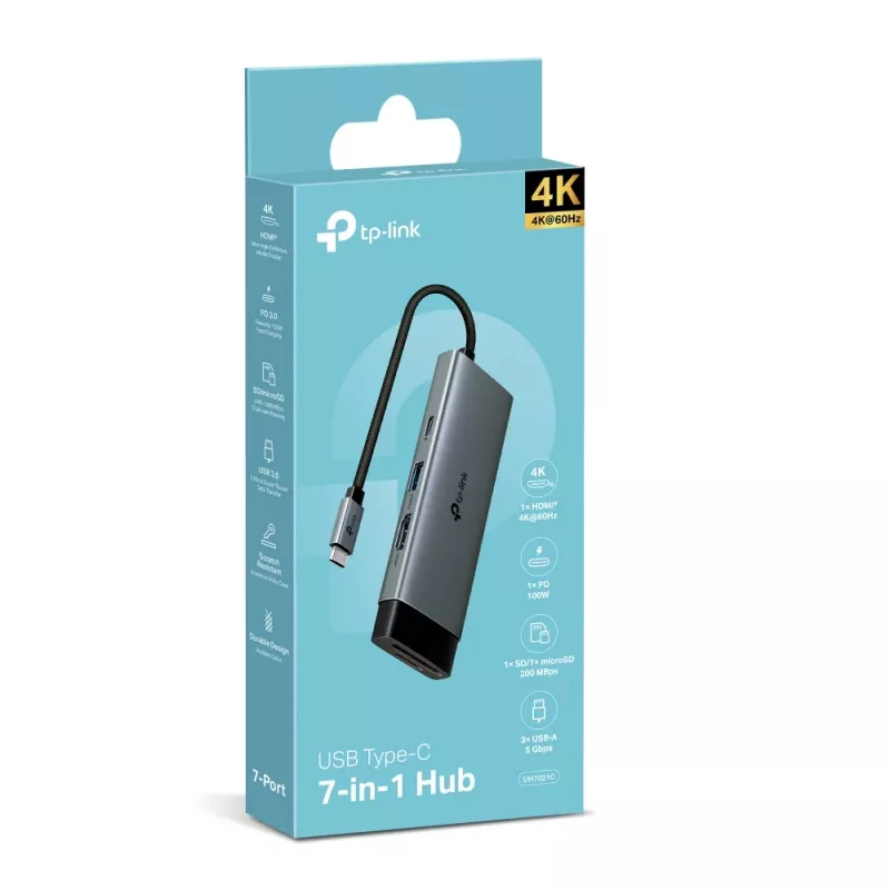 USB Type-C -keskitin TP-Link UH7021C — HDMI, USB 3.2 Gen1, USB 2.0, SD/microSD, 5000 Mbit/s, alumiini musta