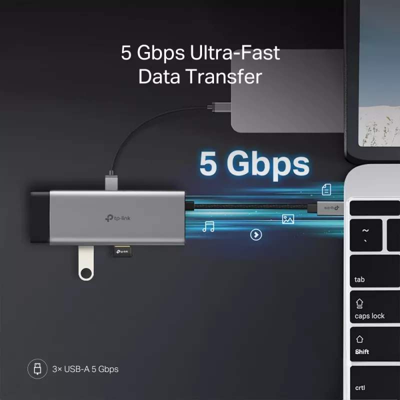 USB Type-C -keskitin TP-Link UH7021C — HDMI, USB 3.2 Gen1, USB 2.0, SD/microSD, 5000 Mbit/s, alumiini musta