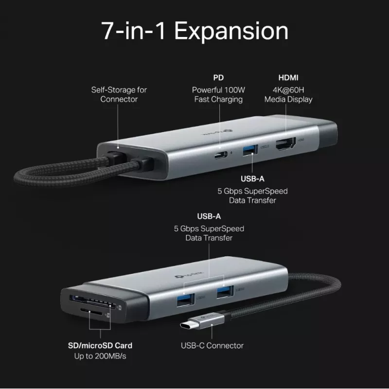 USB Type-C -keskitin TP-Link UH7021C — HDMI, USB 3.2 Gen1, USB 2.0, SD/microSD, 5000 Mbit/s, alumiini musta