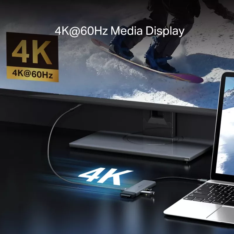 USB Type-C -keskitin TP-Link UH7021C — HDMI, USB 3.2 Gen1, USB 2.0, SD/microSD, 5000 Mbit/s, alumiini musta