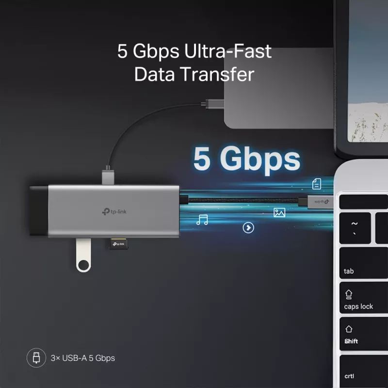 USB Type-C -keskitin TP-Link UH7021C — HDMI, USB 3.2 Gen1, USB 2.0, SD/microSD, 5000 Mbit/s, alumiini musta