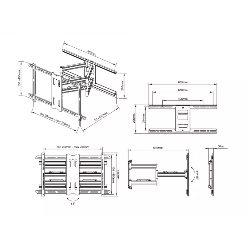 Mastokiinnitysteline Multibrackets M Universal Flexarm Pro 60 kg Heavy Duty musta