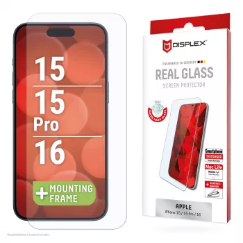 Displex näytönsuojakalvo (10H) Apple iPhone 15/15 Pro/16, Eco-asennuskehys, naarmuuntumaton