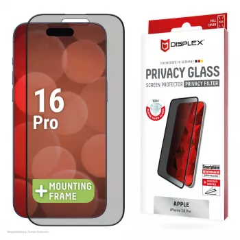 Displex yksityisyysnäytönsuojakalvo (10H) Apple iPhone 16 Pro, Eco-asennuskehys, katselusuojafiltteri