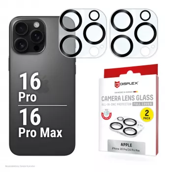 Displex Full Cover kameran objektiivilasi iPhone 16 Pro/16 Pro Max, 10H, täysi kameransuojaus, pikakiinnitys, 2 kpl:n pakkaus