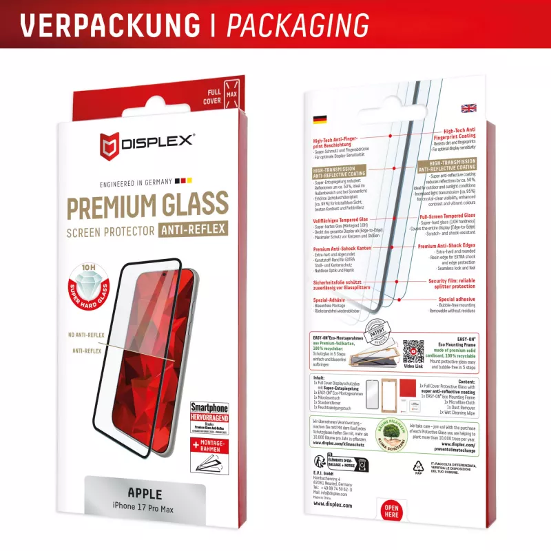 Displex Premium näytönsuoja (Full Cover, 10H) Apple iPhone 17 Pro Max, Eco-asennuskehys, Full Cover