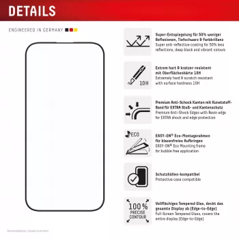 Displex Premium Anti-Reflex näytönsuojakalvo (heijastuksenesto täyspeitto, 10H) Apple iPhone 16 Pro, Eco-asennuskehys, täyspeitto