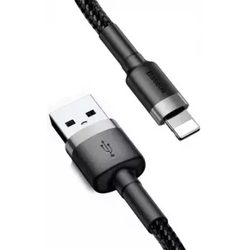 USB-A - Lightning -kaapeli Baseus Cafule (CALKLF-CG1) – nailonpunos, QC3.0 1,5 A, 2 m, harmaa/musta