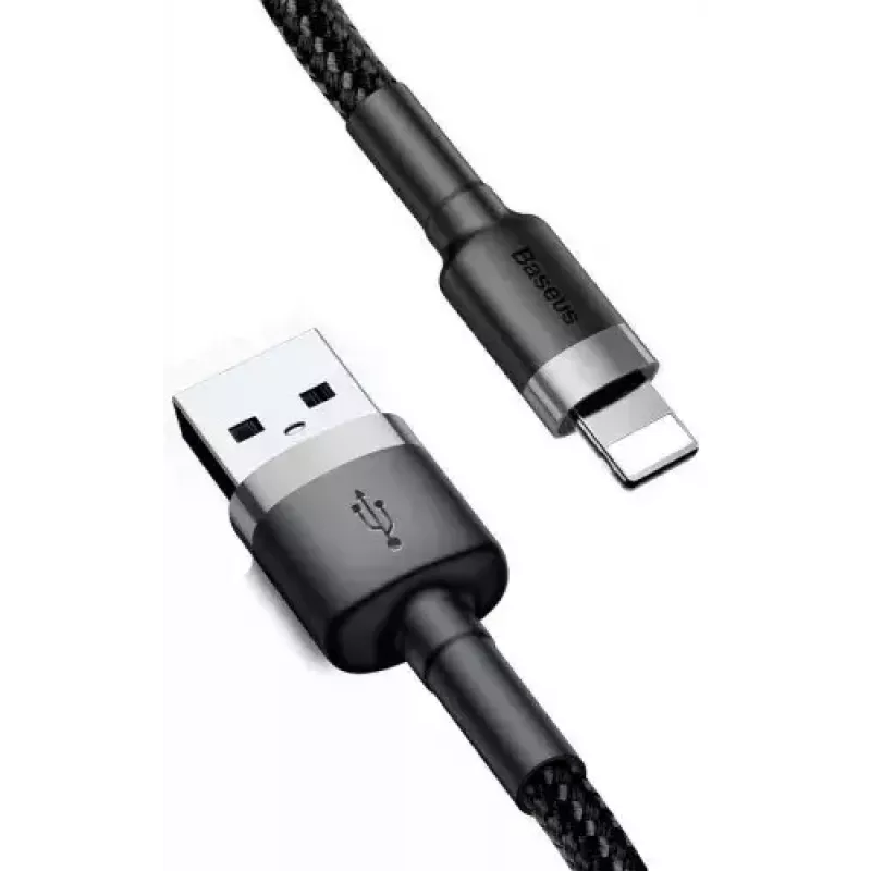 USB-A - Lightning -kaapeli Baseus Cafule (CALKLF-CG1) – nailonpunos, QC3.0 1,5 A, 2 m, harmaa/musta