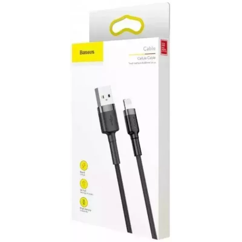 USB-A - Lightning -kaapeli Baseus Cafule (CALKLF-CG1) – nailonpunos, QC3.0 1,5 A, 2 m, harmaa/musta