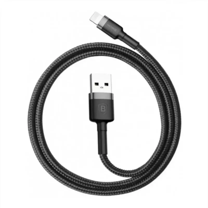 USB-A - Lightning -kaapeli Baseus Cafule (CALKLF-CG1) – nailonpunos, QC3.0 1,5 A, 2 m, harmaa/musta