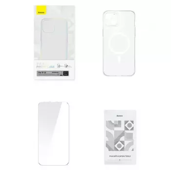 Baseus Magnetic Crystal Clear puhelinkotelo iPhone 13 -puhelimeen, läpinäkyvä, karkaistu lasinen näytönsuojus