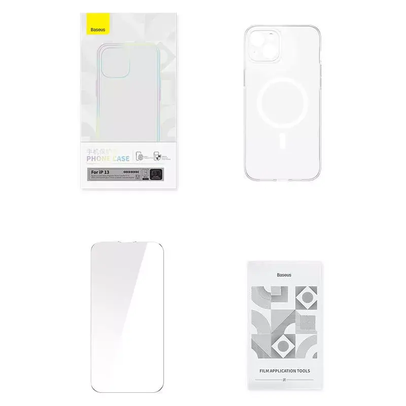 Baseus Magnetic Crystal Clear puhelinkotelo iPhone 13 -puhelimeen, läpinäkyvä, karkaistu lasinen näytönsuojus