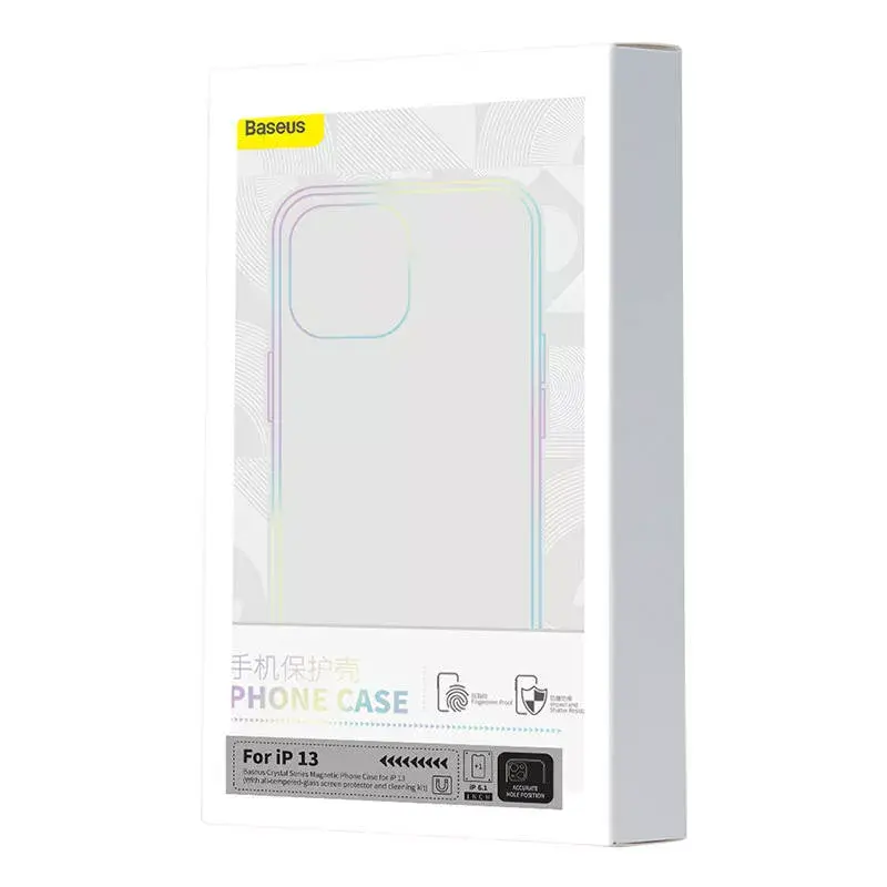 Baseus Magnetic Crystal Clear puhelinkotelo iPhone 13 -puhelimeen, läpinäkyvä, karkaistu lasinen näytönsuojus