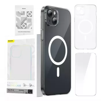 Baseus Magnetic Crystal Clear puhelinkotelo iPhone 13 -puhelimeen, läpinäkyvä, karkaistu lasinen näytönsuojus