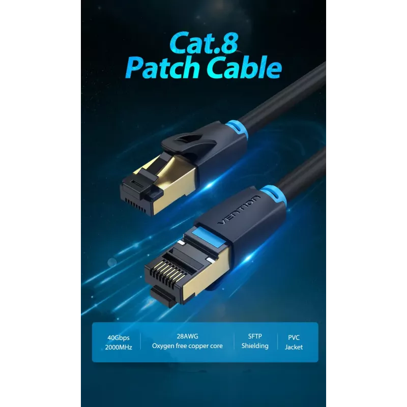 Ethernet-verkkokaapeli Vention Cat.8 S/FTP 1 m musta RJ-45 kullattu
