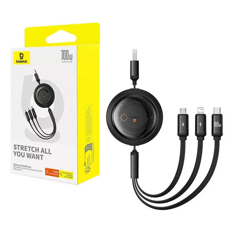 USB 3-in-1 -kaapeli Baseus Free2Draw (USB-A–Micro USB + Lightning + USB-C), 100 W, 1,1 m, musta