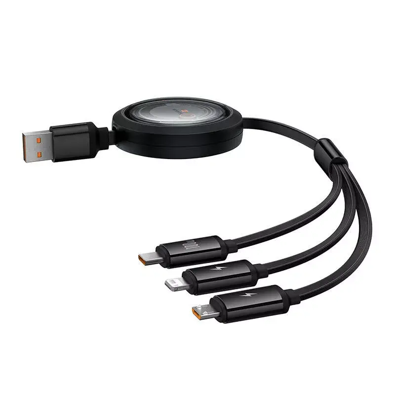USB 3-in-1 -kaapeli Baseus Free2Draw (USB-A–Micro USB + Lightning + USB-C), 100 W, 1,1 m, musta
