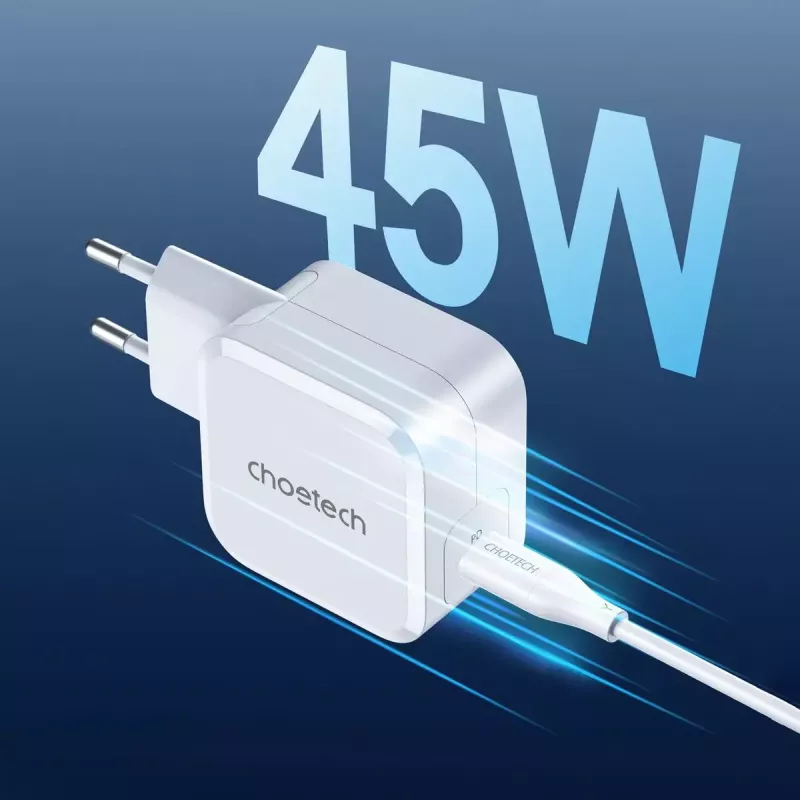 CHOETECH PD8007 GaN USB-C-laturi 45 W, PD3.0, QC3.0, PPS, EU, valkoinen