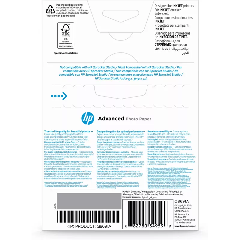 HP Advanced Photo Paper Glossy 250 g/m2 10 x 15 cm (101 x 152 mm) 25 arkkia