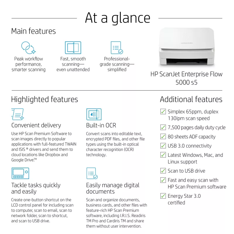 HP Scanjet Enterprise Flow 5000 s5 arkinsyöttöskanneri 600 x 600 DPI A4 valkoinen