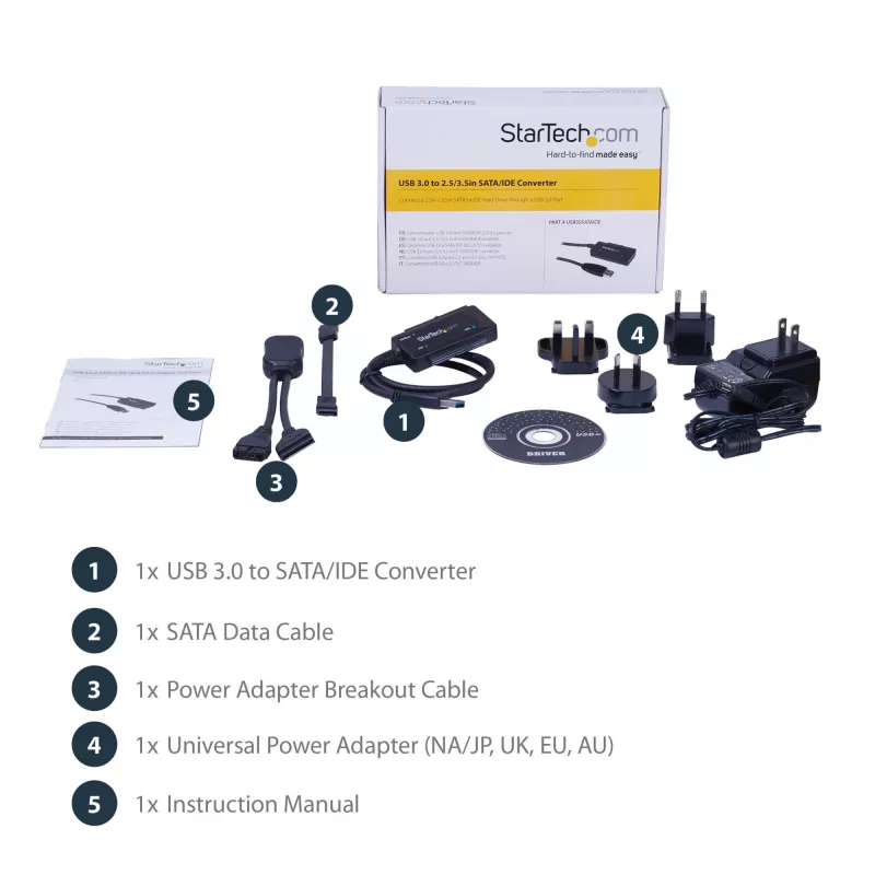 StarTech.com SATA–USB-kaapeli – USB 3.1 (10 Gbit/s) – UASP, musta, aktiviteetti, käyttö, CE, FCC, ASMedia – ASM1351, 12 V, 0–60 °C