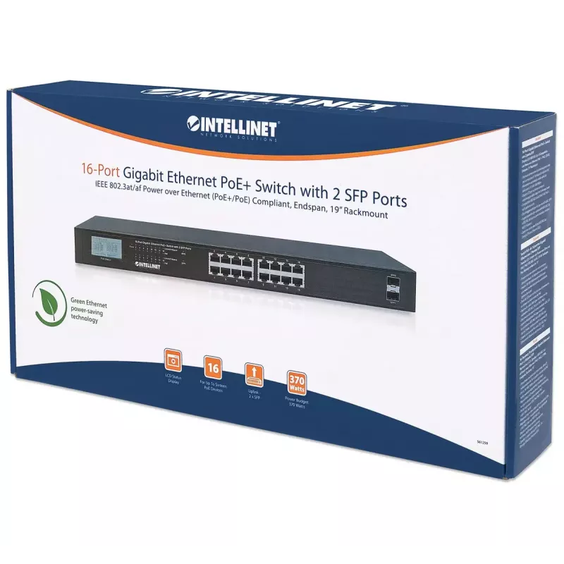 Hallitsematon kytkin Intellinet 16-Port Gigabit Ethernet PoE+ 370W