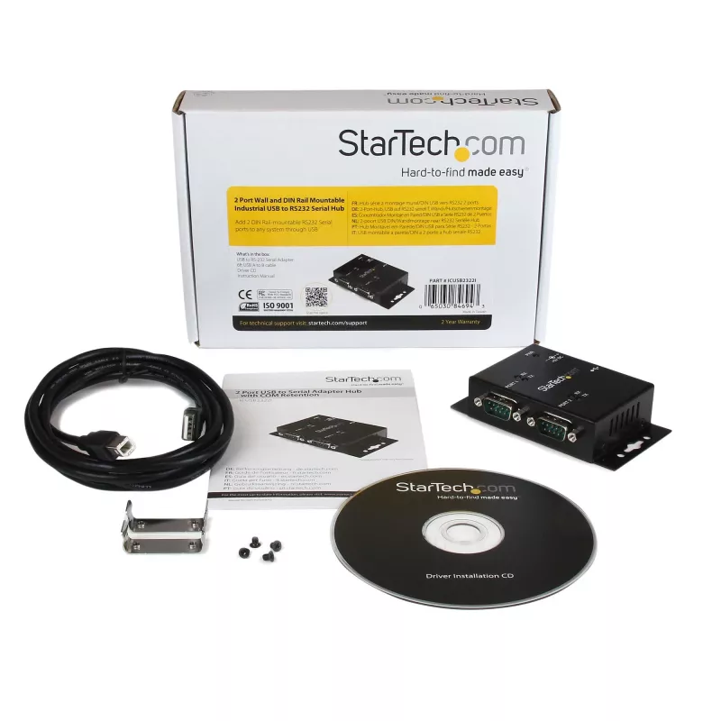 StarTech.com 2-porttinen teollinen, seinäasennettava USB - sarjaportti -adapterikeskitin DIN-kiskokiinnikkeillä