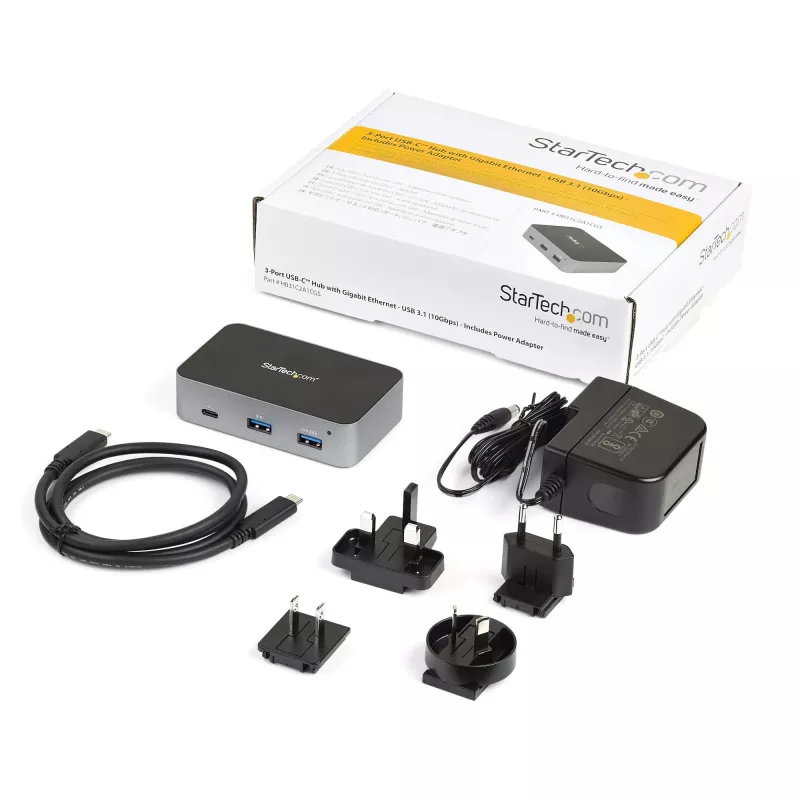 StarTech.com HB31C2A1CGS 3-porttinen USB-C-keskitin Gigabit Ethernetillä, USB 3.1 Gen 2 10 Gbps, 2x USB-A + 1x USB-C, 1 m isäntäkaapeli, virtalähteellä