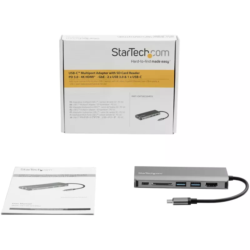 StarTech.com USB C -moniporttadapteri – USB-C-matkatelakka 4K HDMI:llä, 3x USB 3.0 -keskitin, SD/SDHC, GbE, 60W PD 3.0 -läpivienti – USB Type-C/Thunderbolt 3 – korvaa DKT30CSDHPD