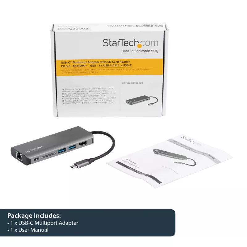 StarTech.com USB C -moniporttadapteri – USB-C-matkatelakka 4K HDMI:llä, 3x USB 3.0 -keskitin, SD/SDHC, GbE, 60W PD 3.0 -läpivienti – USB Type-C/Thunderbolt 3 – korvaa DKT30CSDHPD
