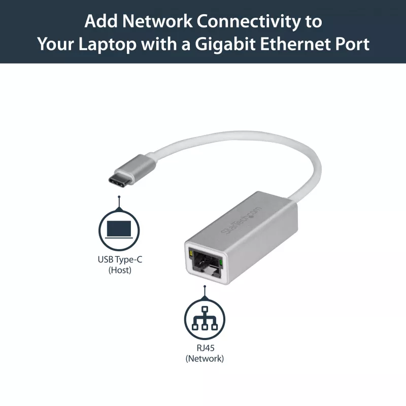 StarTech.com USB-C - Gigabit-verkkosovitin – hopea, johdollinen, USB, Ethernet, 5000 Mbit/s, hopea