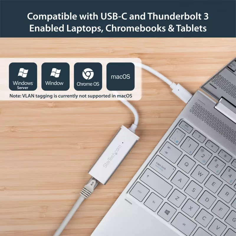 StarTech.com USB-C - Gigabit-verkkosovitin – hopea, johdollinen, USB, Ethernet, 5000 Mbit/s, hopea