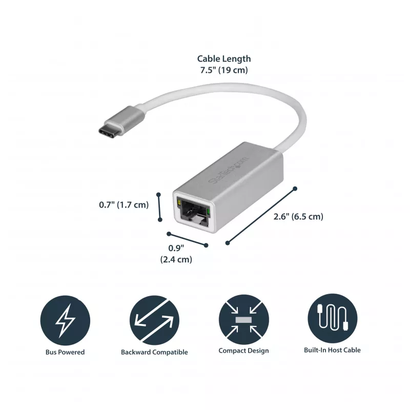 StarTech.com USB-C - Gigabit-verkkosovitin – hopea, johdollinen, USB, Ethernet, 5000 Mbit/s, hopea