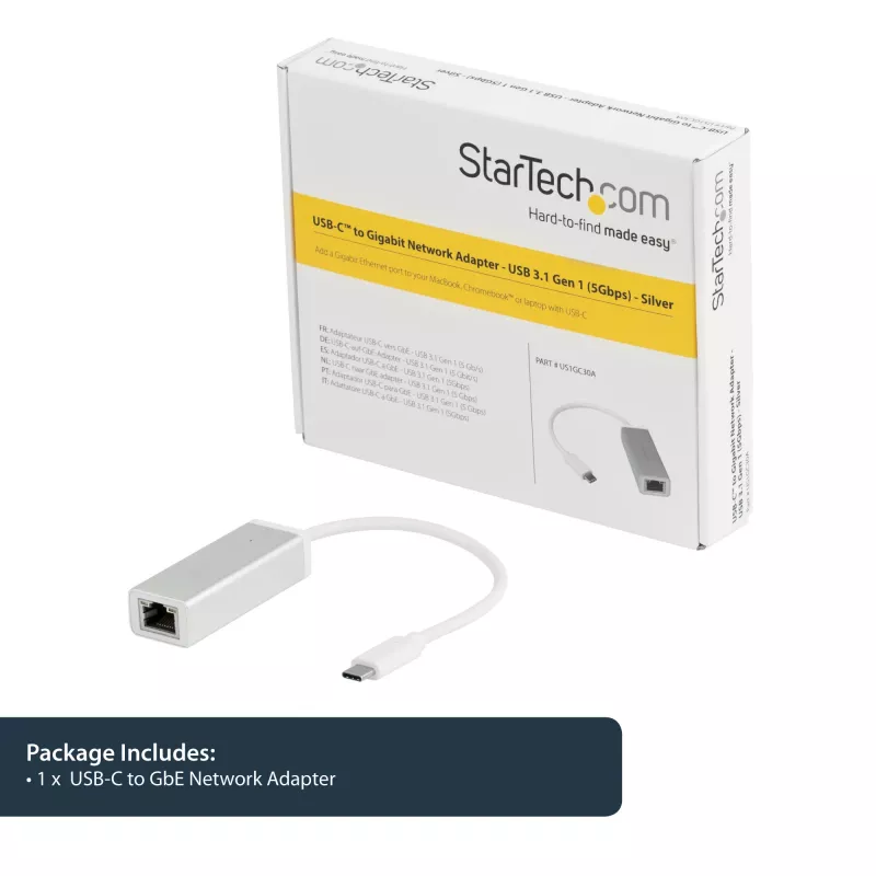 StarTech.com USB-C - Gigabit-verkkosovitin – hopea, johdollinen, USB, Ethernet, 5000 Mbit/s, hopea