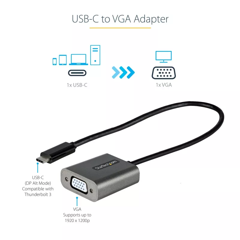 StarTech.com USB-C - VGA-sovitin – 1080p USB Type-C - VGA-sovitin dongle – USB-C (DP Alt Mode) - VGA-näyttö/näyttölaite videosovitin – Thunderbolt 3 -yhteensopiva – 30 cm kiinteä kaapeli – paranneltu versio CDP2VGA:sta
