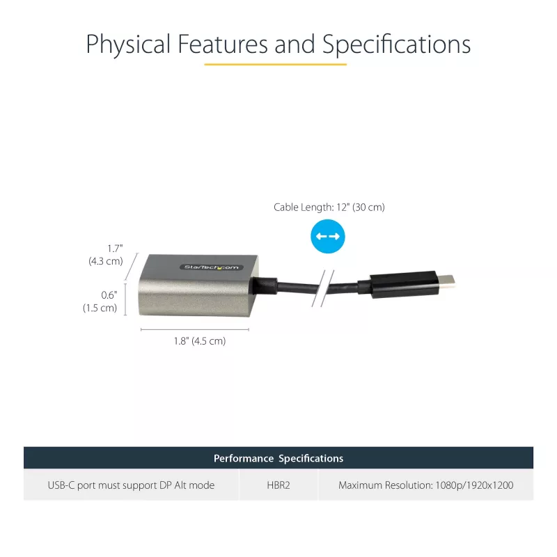 StarTech.com USB-C - VGA-sovitin – 1080p USB Type-C - VGA-sovitin dongle – USB-C (DP Alt Mode) - VGA-näyttö/näyttölaite videosovitin – Thunderbolt 3 -yhteensopiva – 30 cm kiinteä kaapeli – paranneltu versio CDP2VGA:sta