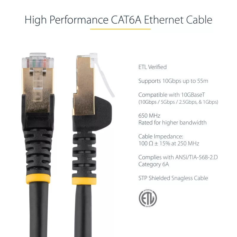 StarTech.com 10m CAT6a Ethernet-kaapeli – 10 Gigabit suojattu, snagless, RJ45, 100W PoE patchkaapeli – 10GbE STP verkkokaapeli vedonpoistolla – musta, yksittäin testattu/johdotus UL-sertifioitu/TIA
