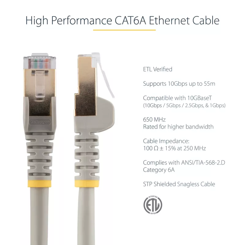StarTech.com 10m CAT6a Ethernet-kaapeli – 10 Gigabit suojattu, snagless RJ45 100W PoE patchkaapeli – 10GbE STP verkkokaapeli vedonpoistolla – harmaa, yksittäin testattu/johdotus UL-sertifioitu/TIA