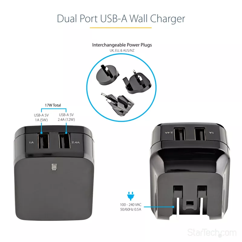 StarTech.com kaksiportainen USB-laturi – kansainväliseen matkakäyttöön – 17W/3,4A – musta