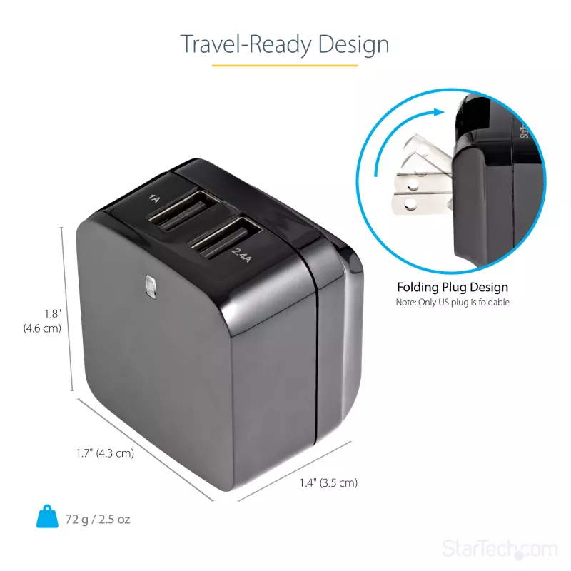 StarTech.com kaksiportainen USB-laturi – kansainväliseen matkakäyttöön – 17W/3,4A – musta
