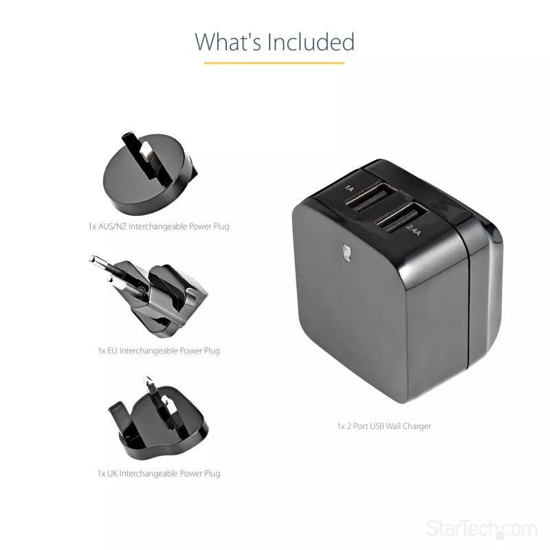 StarTech.com kaksiportainen USB-laturi – kansainväliseen matkakäyttöön – 17W/3,4A – musta