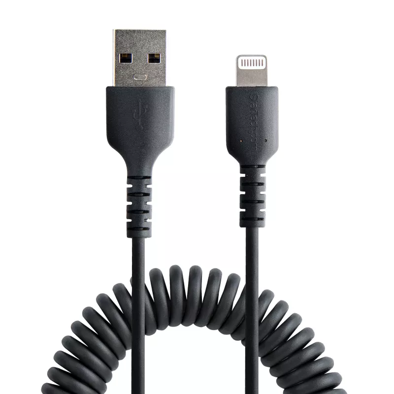 StarTech.com 50 cm (20 in) USB-Lightning-kaapeli, MFi-sertifioitu, kierretty iPhone-latauskaapeli, musta, kestävä TPE-päällyste aramidikuidulla, tukeva kierretty Lightning-kaapeli