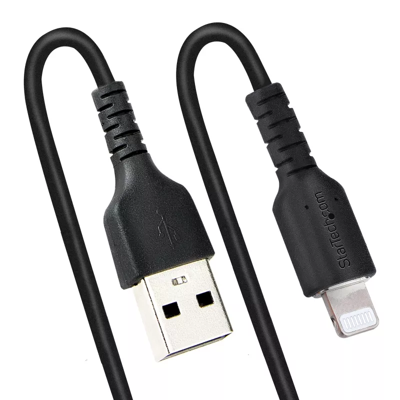 StarTech.com 50 cm (20 in) USB-Lightning-kaapeli, MFi-sertifioitu, kierretty iPhone-latauskaapeli, musta, kestävä TPE-päällyste aramidikuidulla, tukeva kierretty Lightning-kaapeli