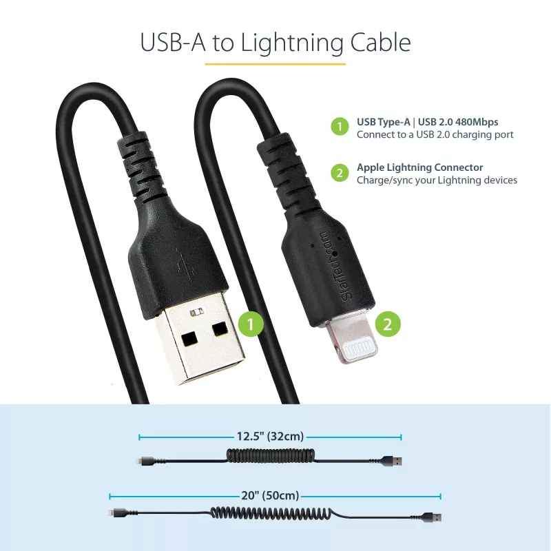 StarTech.com 50 cm (20 in) USB-Lightning-kaapeli, MFi-sertifioitu, kierretty iPhone-latauskaapeli, musta, kestävä TPE-päällyste aramidikuidulla, tukeva kierretty Lightning-kaapeli