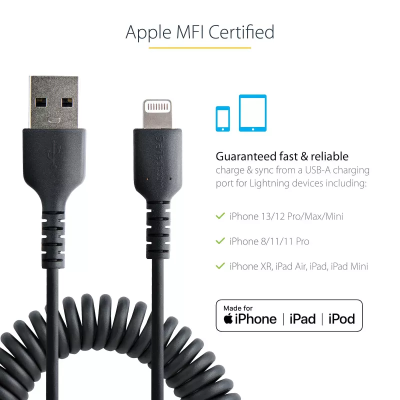 StarTech.com 50 cm (20 in) USB-Lightning-kaapeli, MFi-sertifioitu, kierretty iPhone-latauskaapeli, musta, kestävä TPE-päällyste aramidikuidulla, tukeva kierretty Lightning-kaapeli
