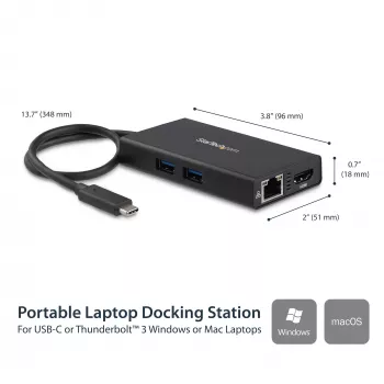StarTech.com USB-C-moniporttisovitin – USB-C-matkatelakointiasema 4K HDMI:llä – 60 W Power Delivery -läpivienti, GbE, 2 porttia USB-A 3.0 -keskitin – kannettava mini-USB-C-telakka kannettaville