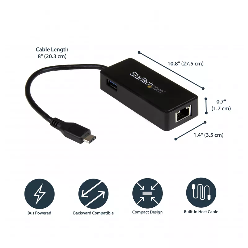 StarTech.com USB-C Gigabit-verkkosovitin ylimääräisellä USB 3.0 -portilla